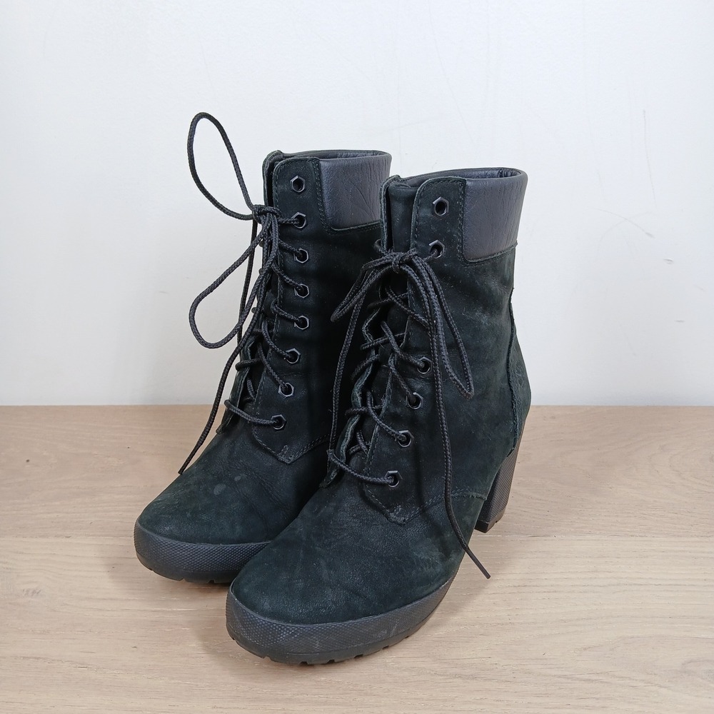 Timberland Lace Up Ankle Boots Women 6 Black Suede Block Heel Moto Grunge Casual